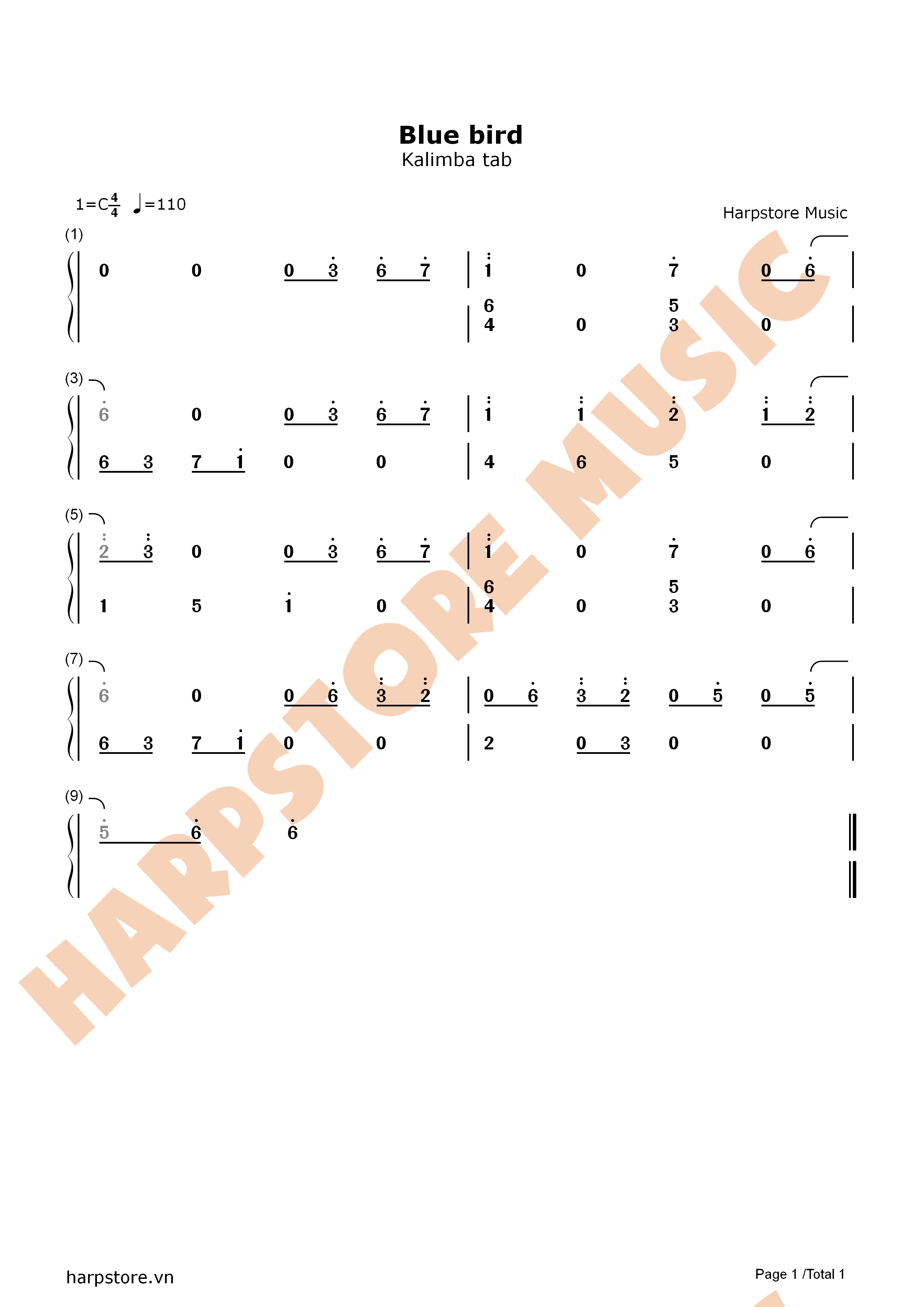 Blue Bird Kalimba tabs
